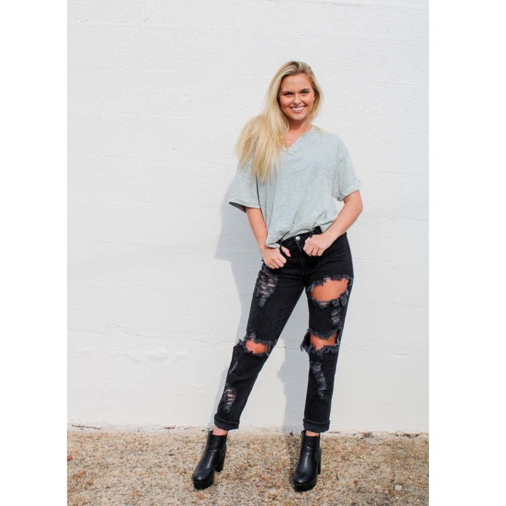 Vibrant distressed high waisted mom jeans